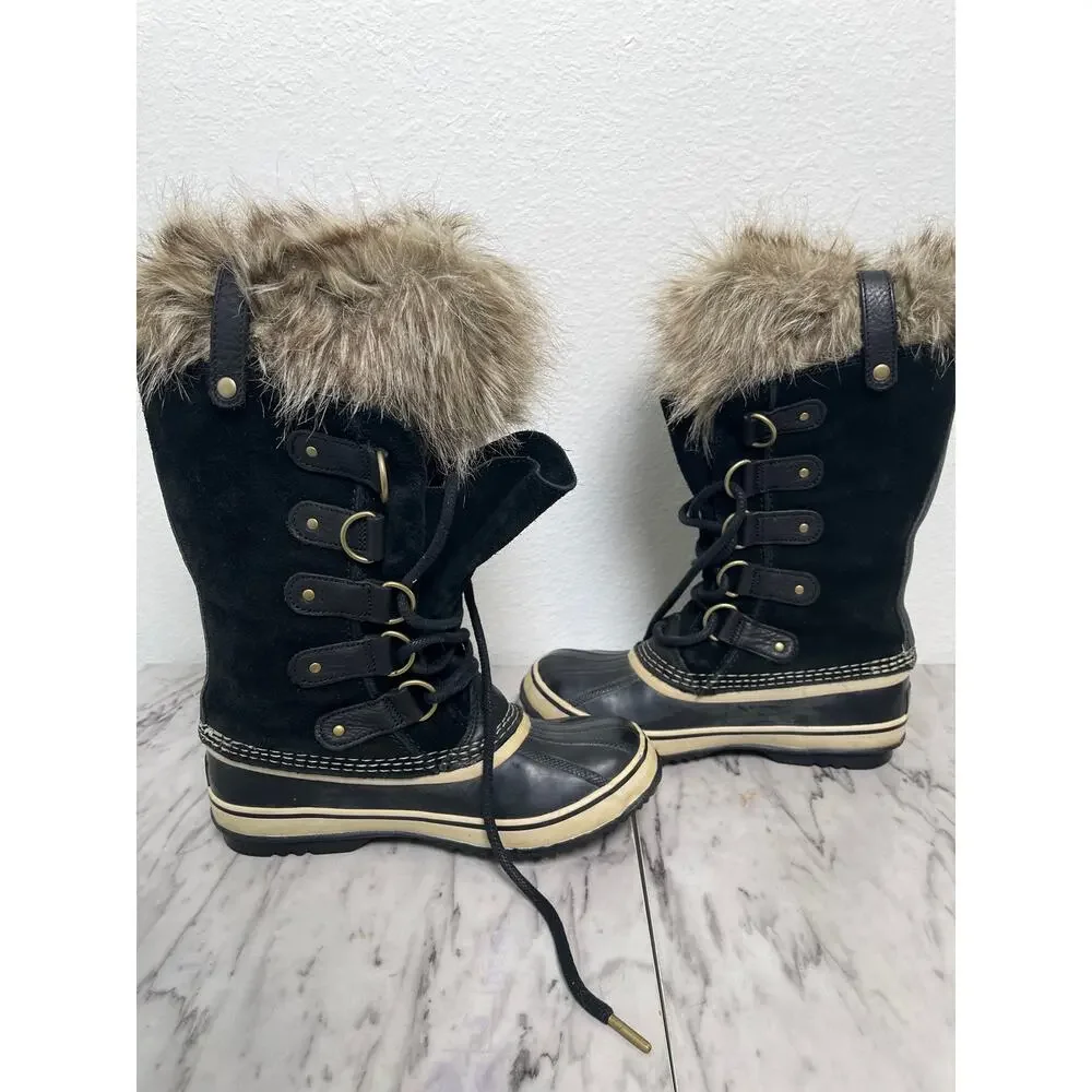 Sorel Joan of Arctic Boots Womens 7 Black Suede Faux Fur Waterproof Winter Snow